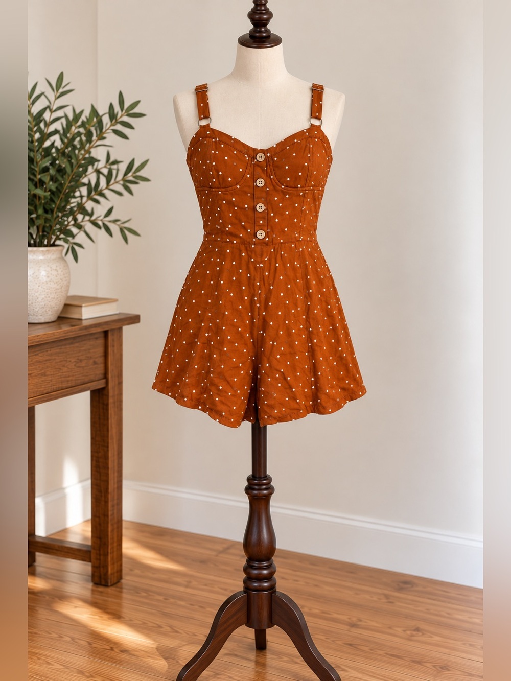 Twik Rust Brown Polka Dot Romper Small Cottagecore Boho Summer